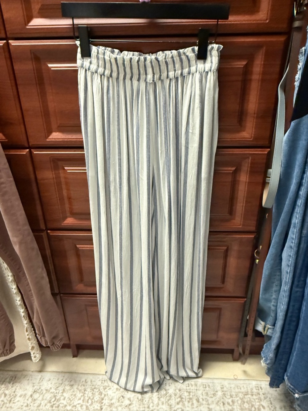 Mud Pie Blue and White Striped Smocked Waist Pants